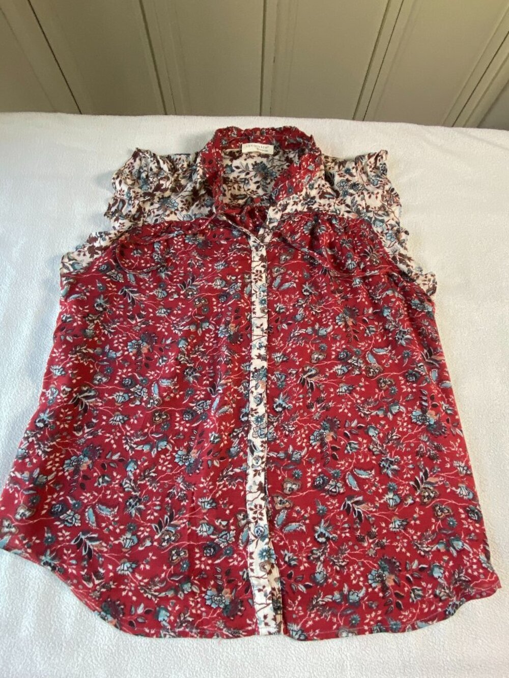 Lovestitch Floral Boho Blouse Medium Red Cream Ruffle Sleeve Rayon Top